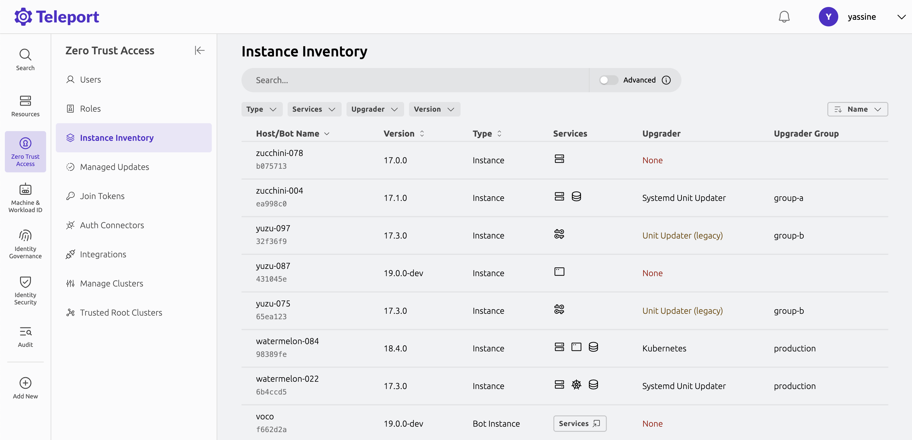Instance Inventory page