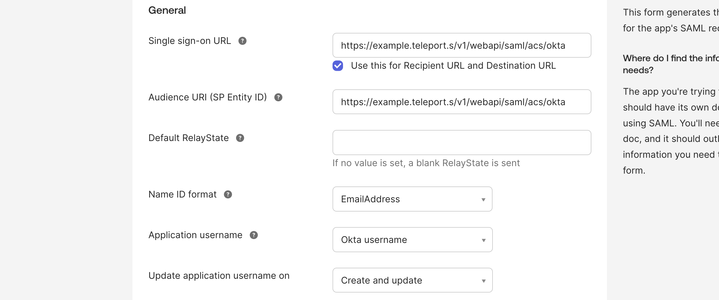 SAML general settings
