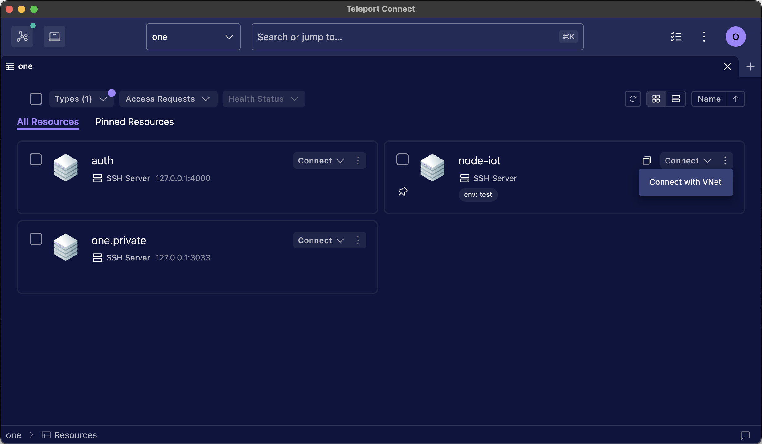 SSH server in Teleport Connect with "Connect with VNet" menu open
